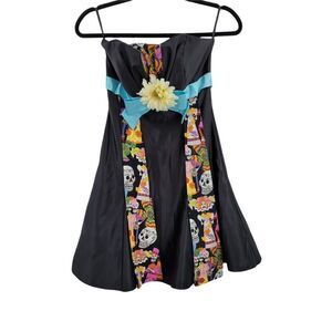 Vtg Jessica McClintock Dress XS Black Upcycled Day Of The Dead Fit & Flare Mini‎